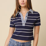 Short Sleeve Sweater With Denim Contrast