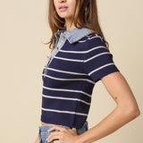 Short Sleeve Sweater With Denim Contrast