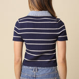 Short Sleeve Sweater With Denim Contrast