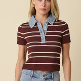 Short Sleeve Sweater With Denim Contrast