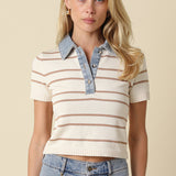 Short Sleeve Sweater With Denim Contrast