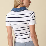 Short Sleeve Sweater With Denim Contrast