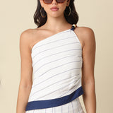 Stripe One Shoulder Top With Bead Trim