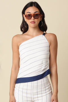 Stripe One Shoulder Top With Bead Trim