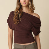 Suede Cinched Waist Off Shoulder Top