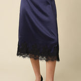 Lace Trim Midi Satin Skirt