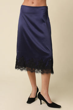 Lace Trim Midi Satin Skirt