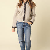 Button Up Sweater With Faux Leather Trim