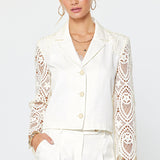 Long Sleeve Cropped Jacket with Crochet Trim