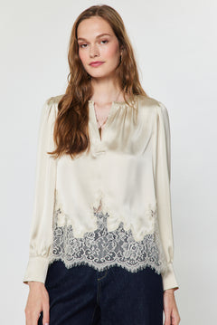 Split Neck Lace Hem Blouse