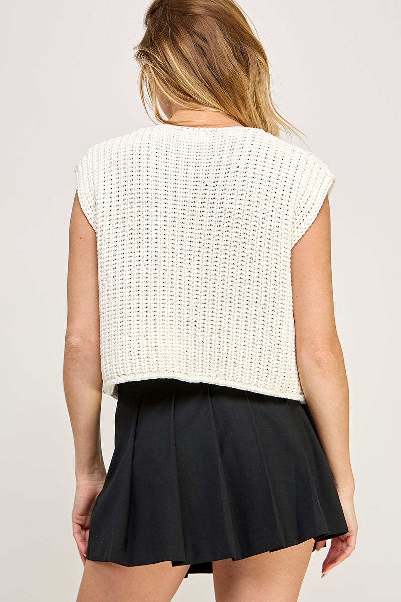 Crochet Chunky Vest Button Down - white, womens top collection