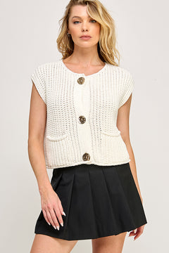 Crochet Chunky Vest Button Down - white, womens top collection