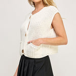Crochet Chunky Vest Button Down - white, womens top collection