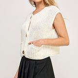 Crochet Chunky Vest Button Down - white, womens top collection