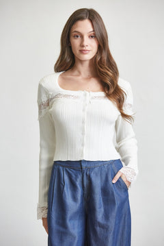 Lace Insert Ribbed Sweater Top