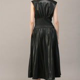 Smocked Waist Zip Front Faux Leather Dress