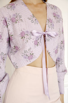 Cropped Floral Front Bow Tie Cardigan