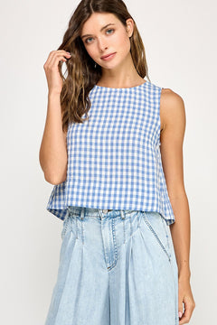 Gingham Linen Scoop Neck Tank