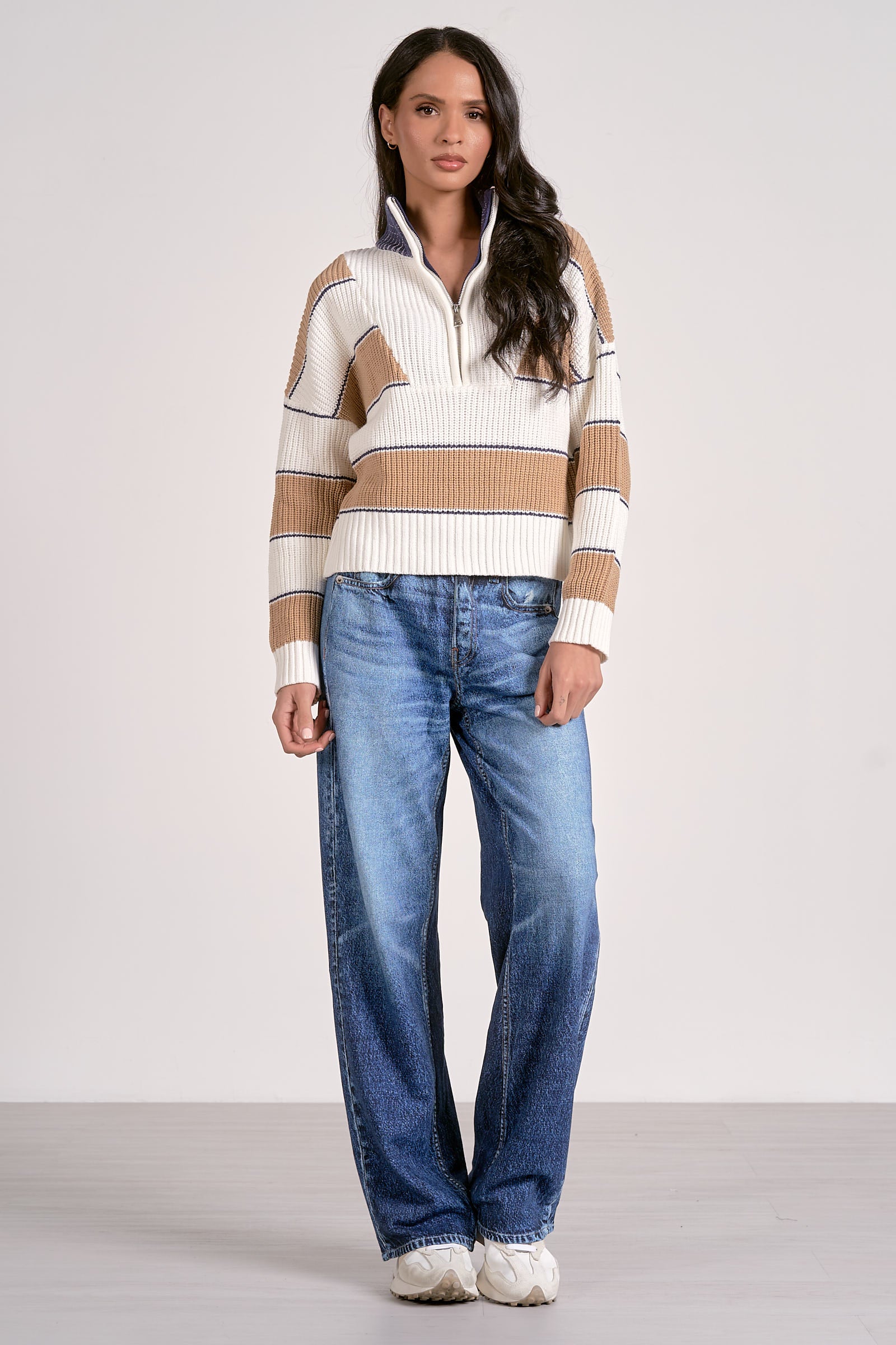 Quarter Zip Stripe Sweater - Camel, Women's Tops Collection