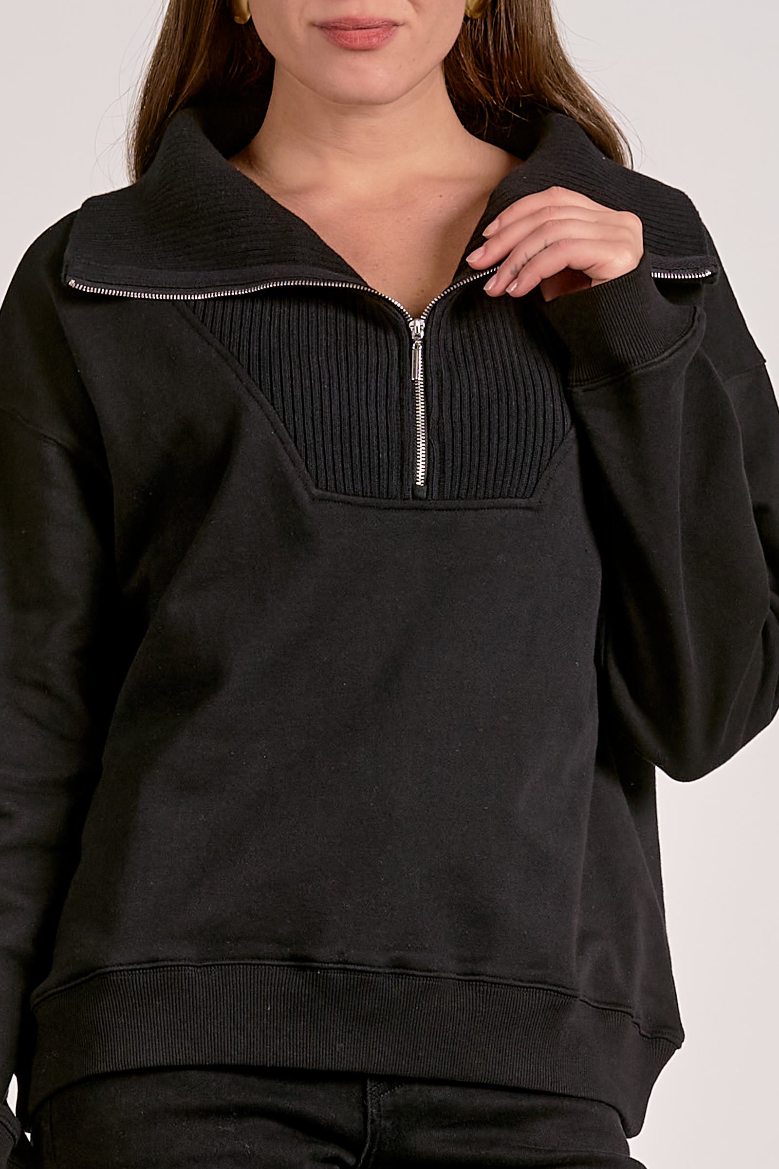 Quarter Zip Collared Sweatshirt - Black, Women's Tops Collection