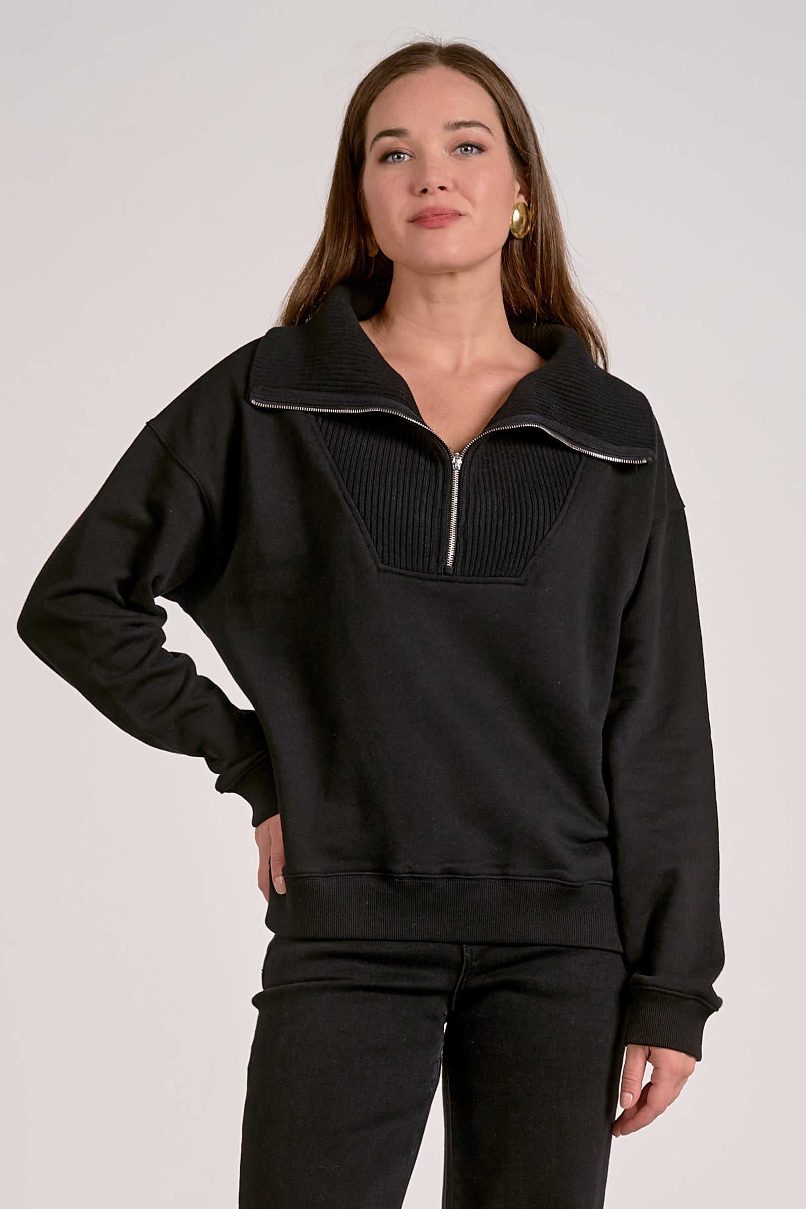 Quarter Zip Collared Sweatshirt - Black, Women's Tops Collection