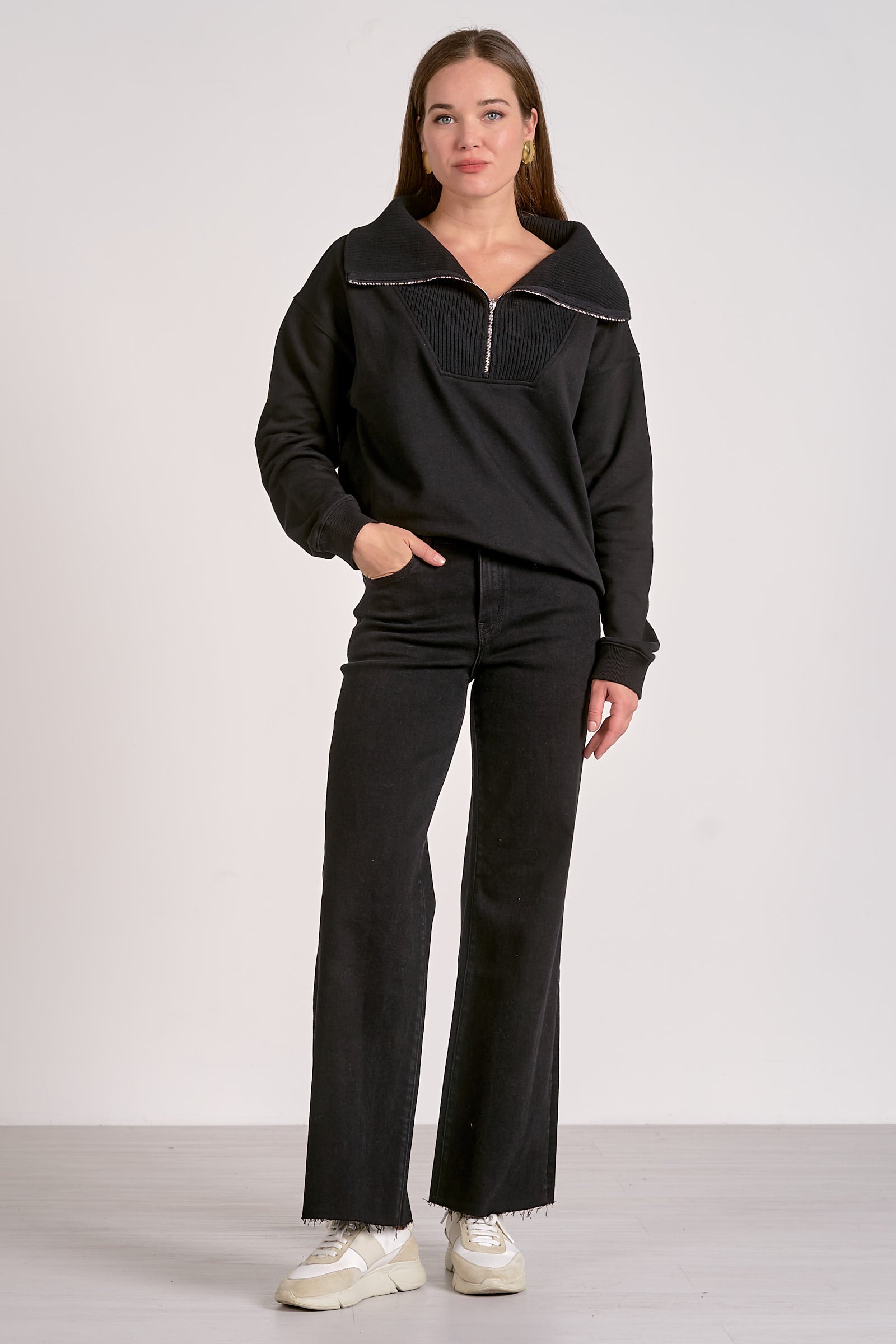 Quarter Zip Collared Sweatshirt - Black, Women's Tops Collection