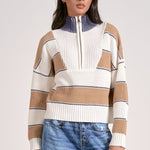 Quarter Zip Stripe Sweater - Camel, Women's Tops Collection