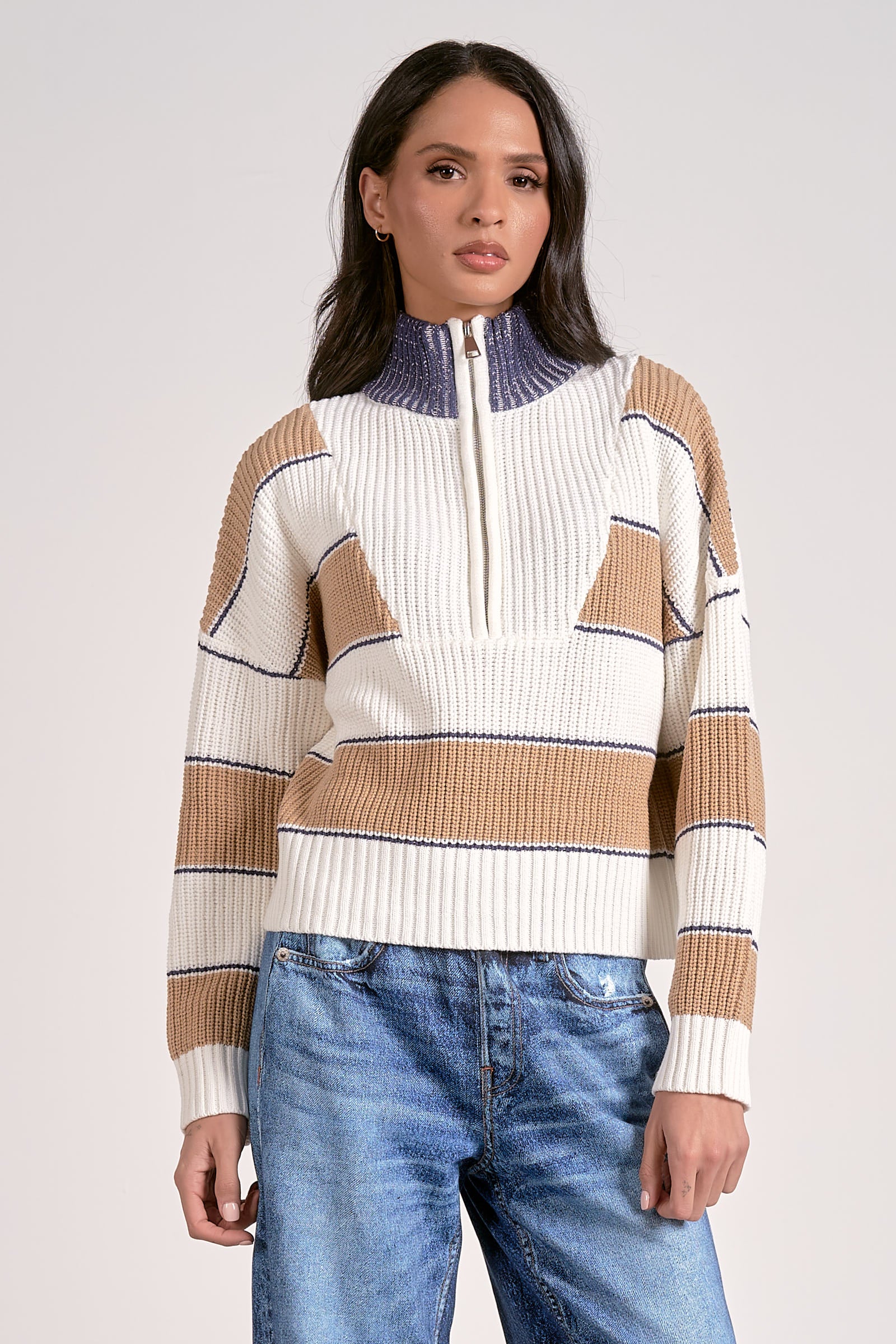 Quarter Zip Stripe Sweater - Camel, Women's Tops Collection