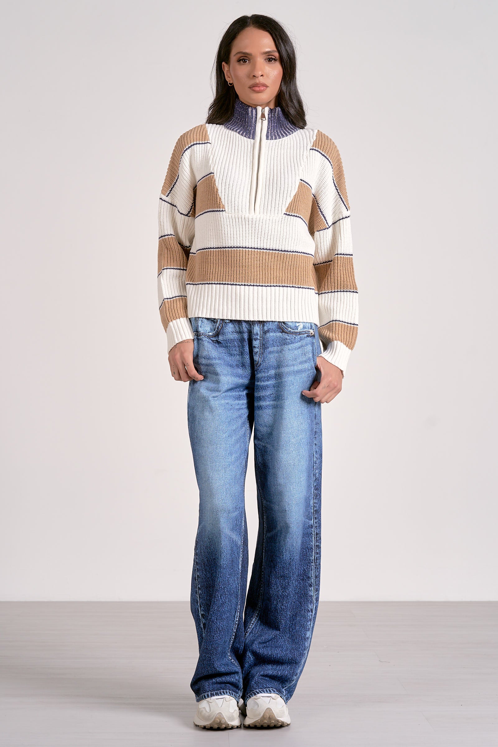 Quarter Zip Stripe Sweater - Camel, Women's Tops Collection