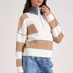Quarter Zip Stripe Sweater - Camel, Women's Tops Collection