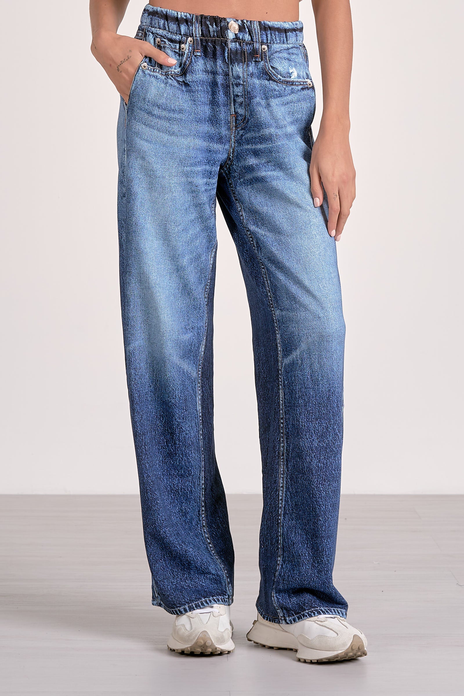 Wide Leg Jean With Elastic Waistband =- Denim Wash, Women's Pants Collection