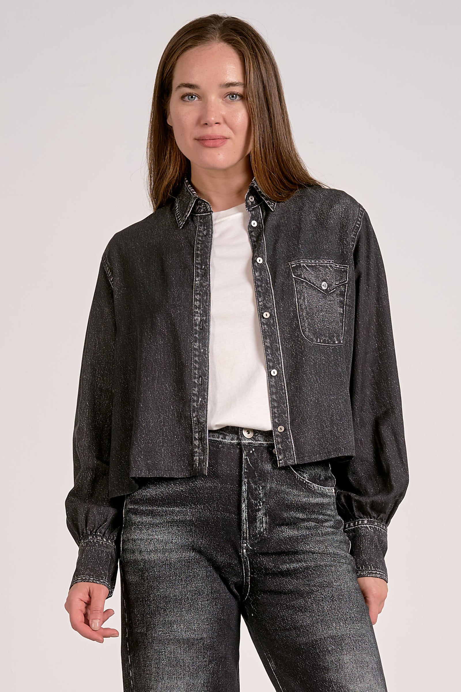 Denim Button Down - Grey, Women's Tops Collection