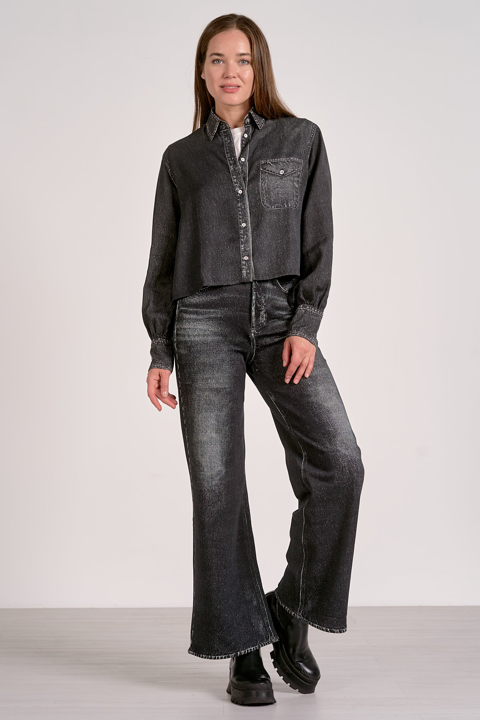 Denim Button Down - Grey, Women's Tops Collection