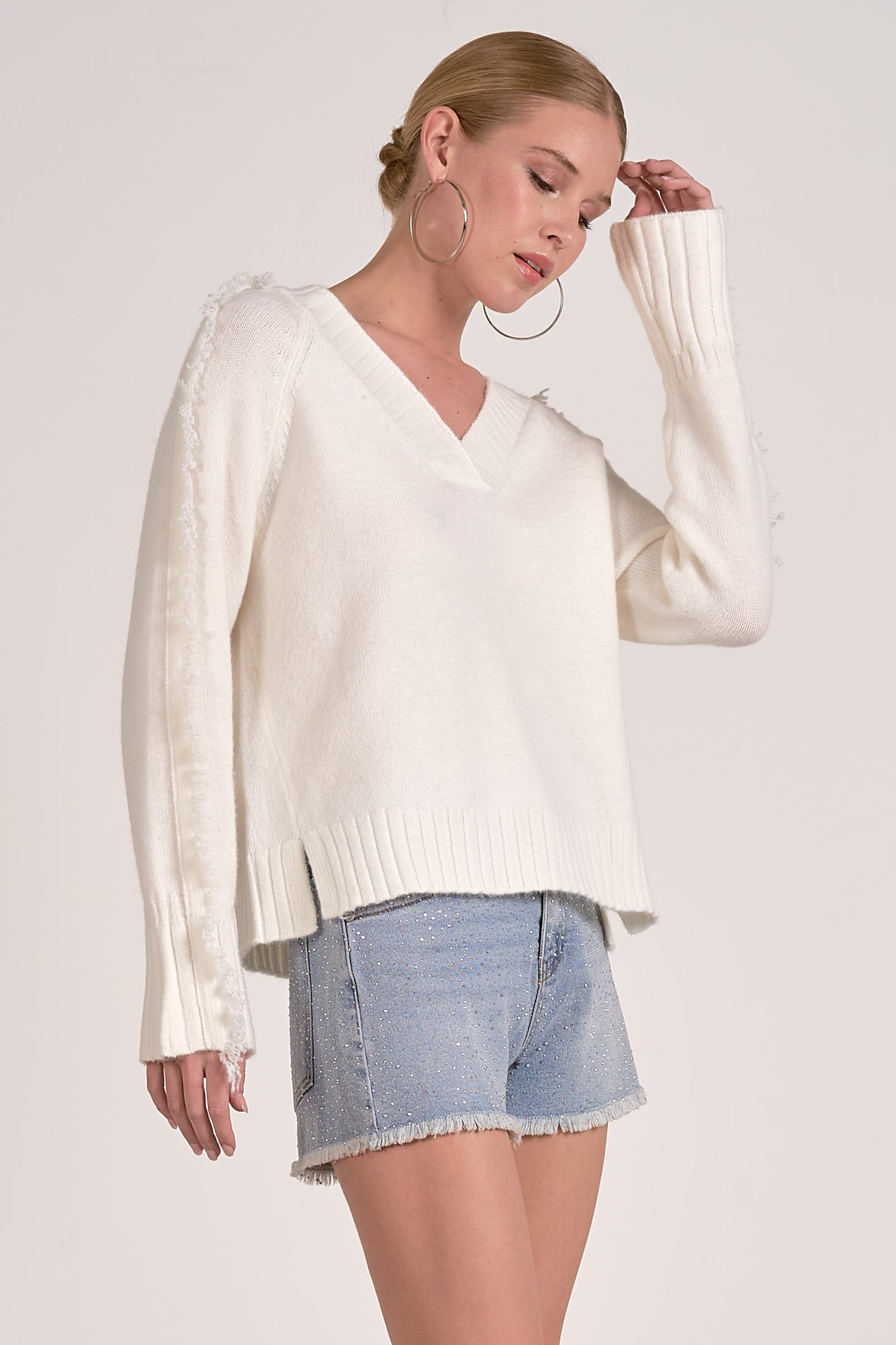 Relaxed V Neck Sweater - white, womens sweater collection
