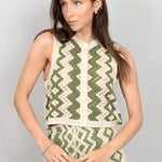 Button Down Crochet Sleeveless Cardigan - green/ivory, women's tops/matching set collection