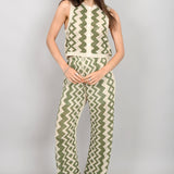 Button Down Crochet Sleeveless Cardigan - green/ivory, women's tops/matching set collection