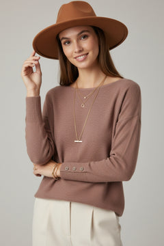 Round Neck Sweater With Sleeve Detail - brown, womens top collection 