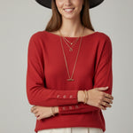 Round Neck Sweater With Button Sleeve Detail - red, womens sweater collection