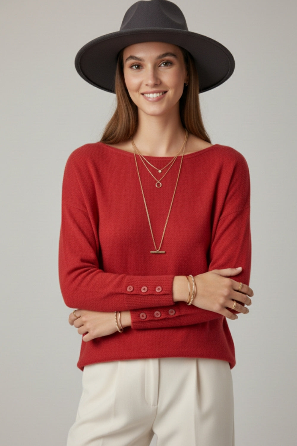 Round Neck Sweater With Button Sleeve Detail - red, womens sweater collection