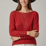Round Neck Sweater With Button Sleeve Detail - red, womens sweater collection