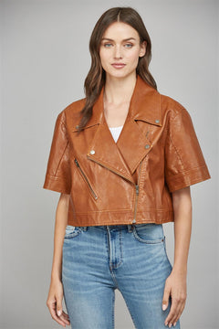 Notch Lapel Collar Faux Leather Jacket