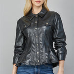 Faux Leather Cinched Sleeve Jacket - black, womens jacket collection