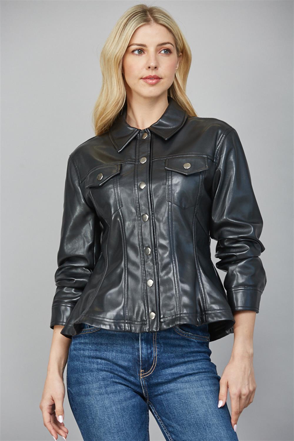 Faux Leather Cinched Sleeve Jacket - black, womens jacket collection