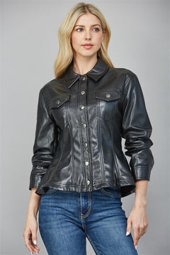 Faux Leather Cinched Sleeve Jacket - black, womens jacket collection
