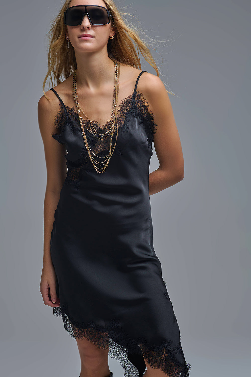 Asymmetrical Satin Lace Dress Black / L Asymmetrical Satin Lace Dress Black / L
