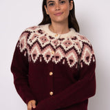 Button Up Cardigan with Aztec Design - burgundy, womens cardigan collection