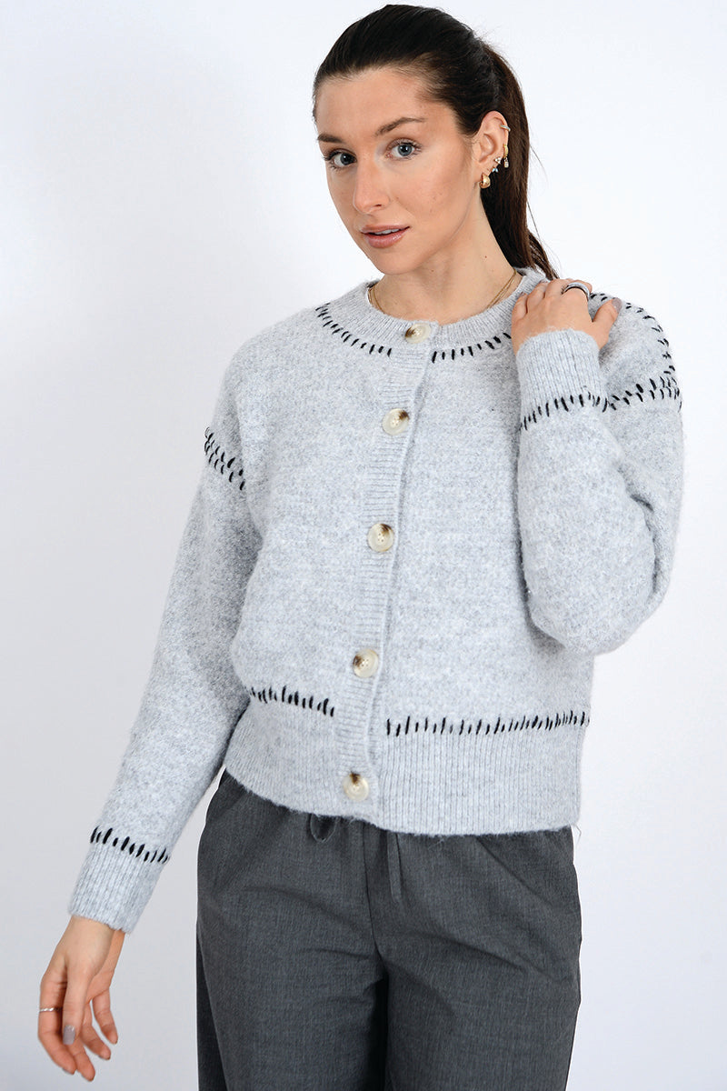 Long Sleeve Crew Neck Cardigan - gray, womens cardigan collection