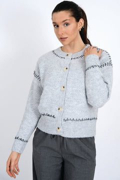 Long Sleeve Crew Neck Cardigan - gray, womens cardigan collection