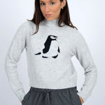 Mock Neck Pullover - grey with penguin print, womens sweater collection