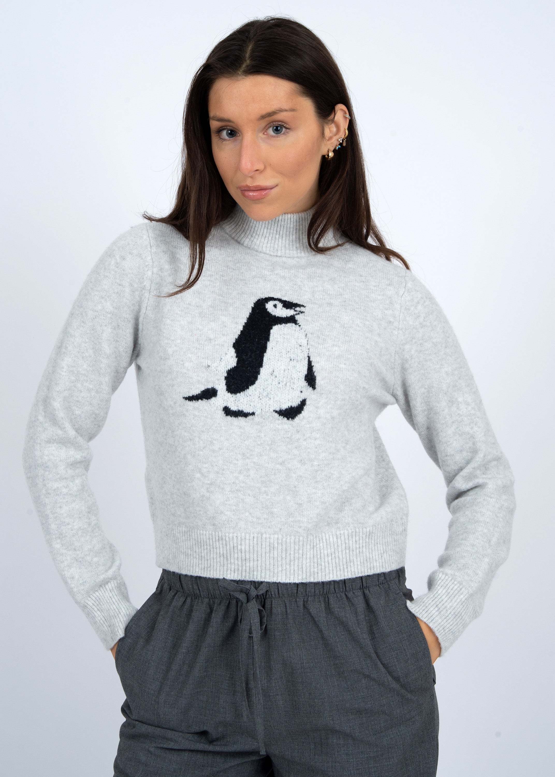 Mock Neck Pullover - grey with penguin print, womens sweater collection